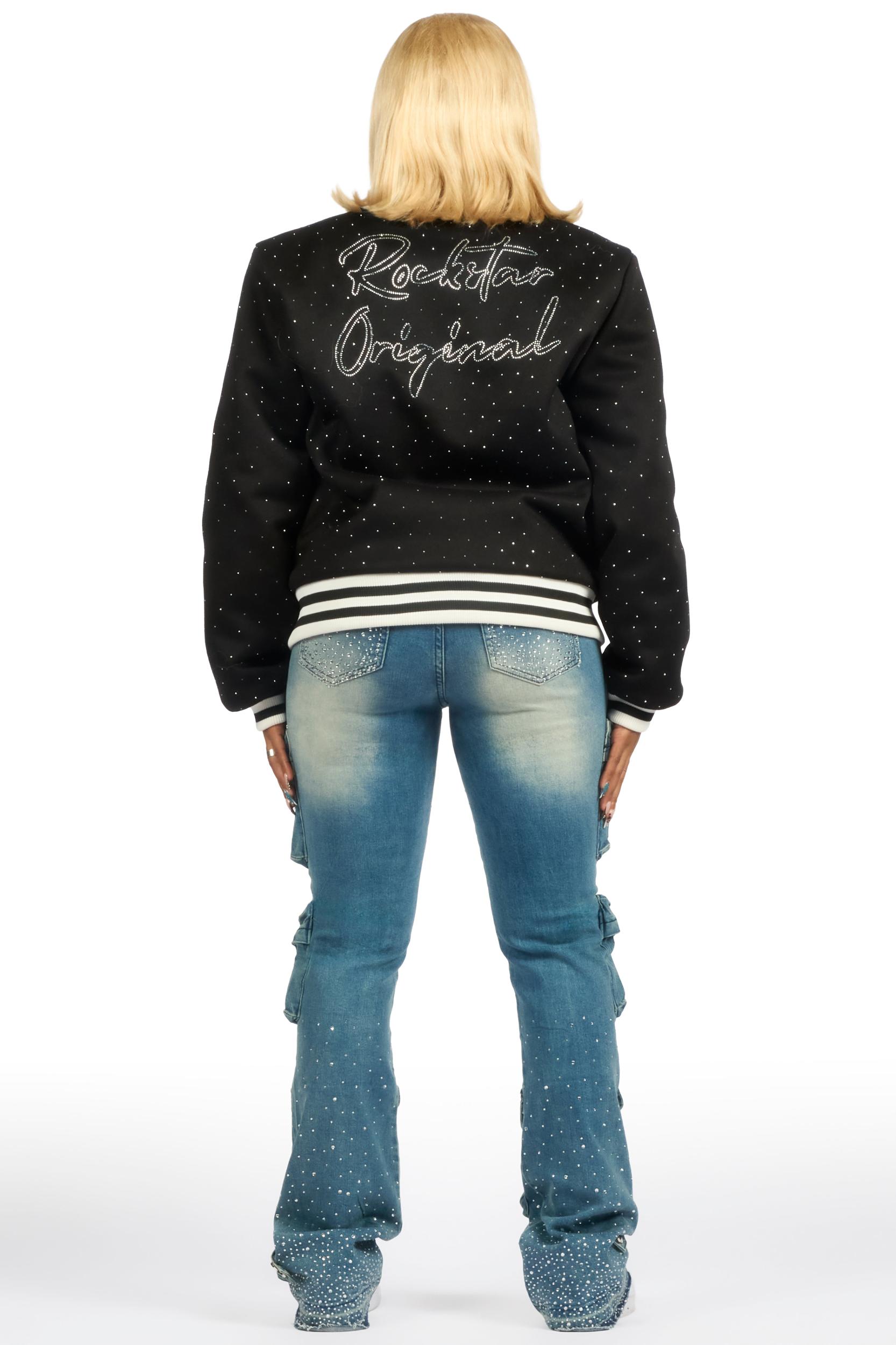 Alonza Black Rhinestone Varsity Jacket Female Product Image