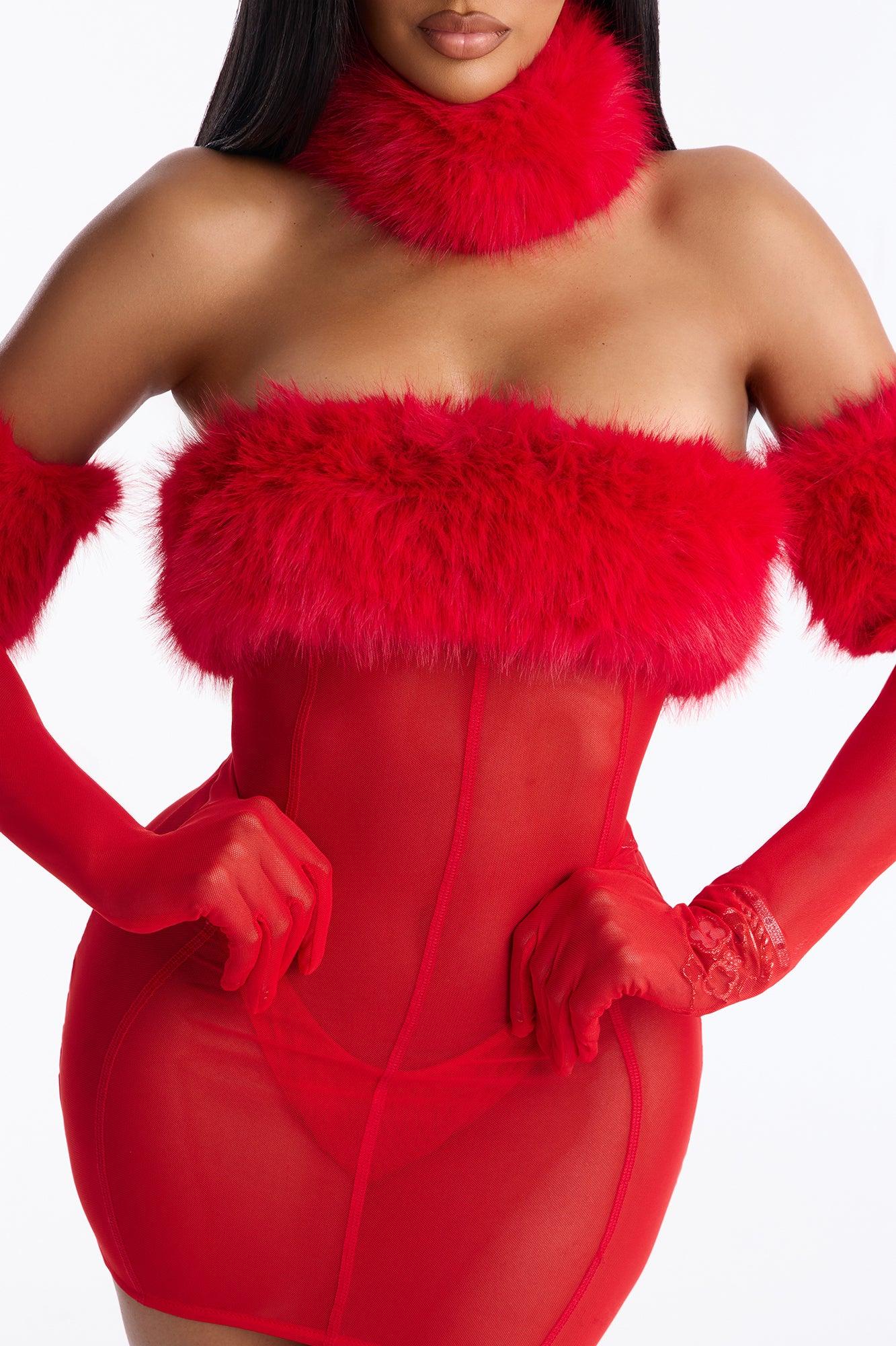 Plush Provocateur Mesh Faux Fur Chemise Dress With Gloves - Red Female Product Image