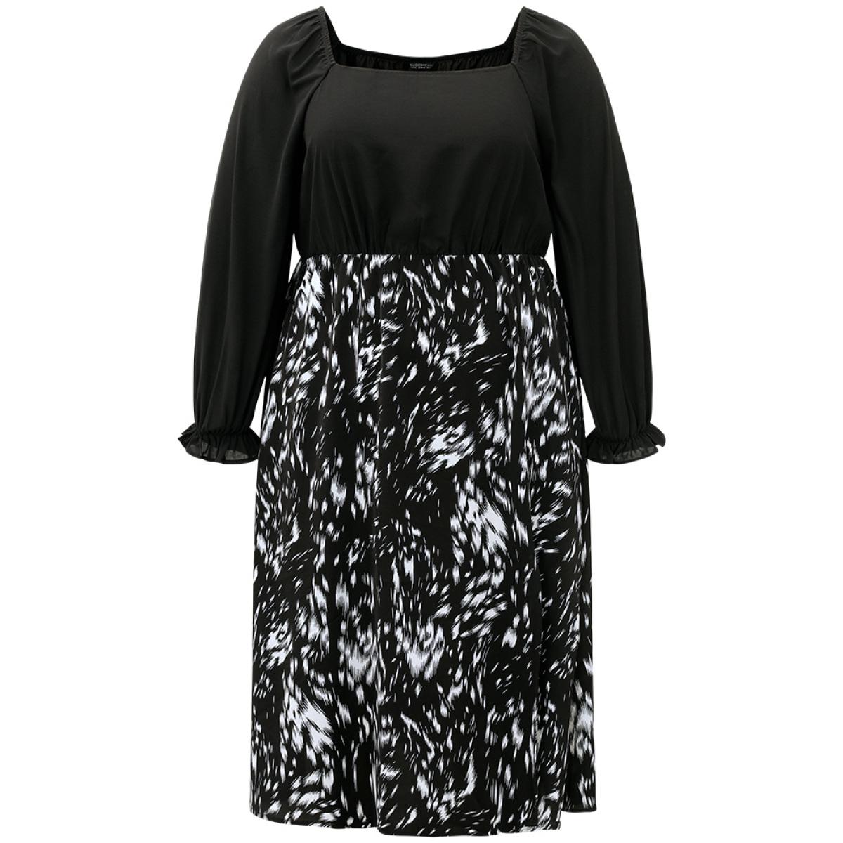 Plus Size Square Neck Brush Print Patchwork Split Hem Dress BlackFlower Women At the Office Elastic cuffs Square Neck Half Sleeve Curvy Midi Dress BloomChic 22-24/3X Product Image