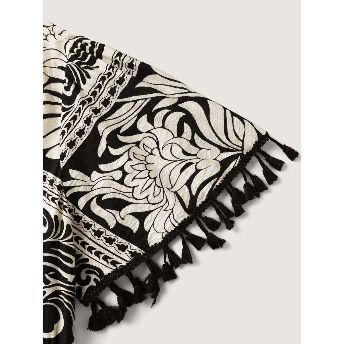 Plus Size Monochrome Collage Print Tassels Midi Dress Black Women V-neck Short sleeve Curvy BloomChic 22-24/3X Product Image