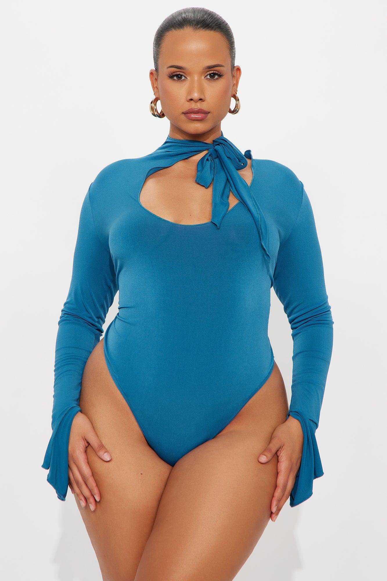 Silent Drama  Long Sleeve Mock Neck Bodysuit - Teal Female Product Image