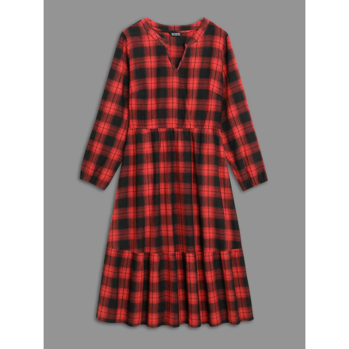Plus Size Plaid Notched Collar Elastic Waist Midi Dress Burgundy Women Casual Non Party Curvy Bloomchic 12/L Product Image