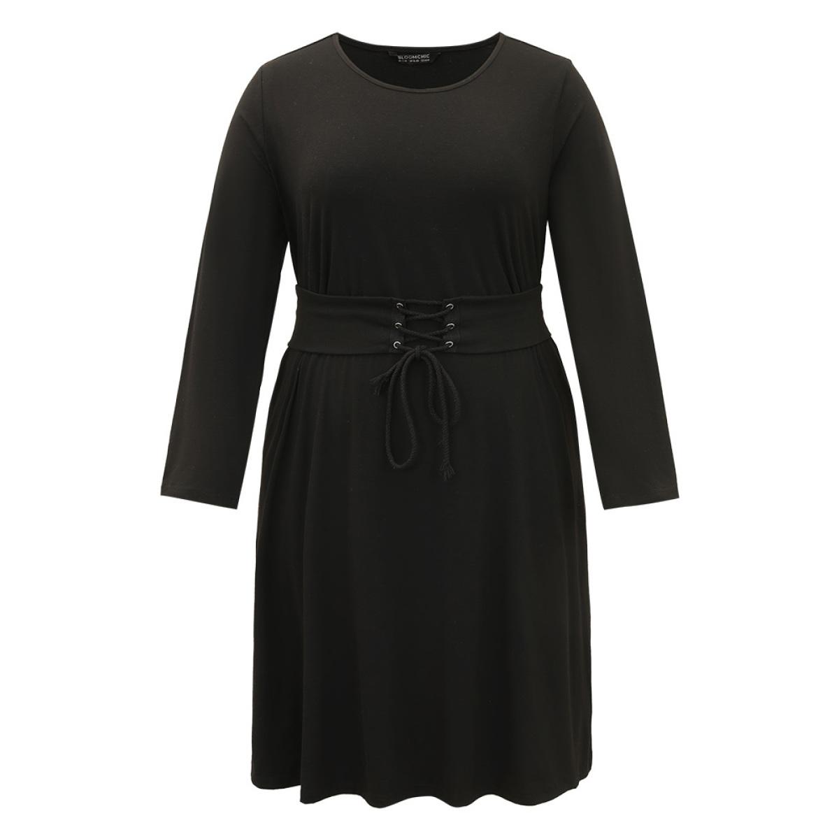 Plus Size Solid Pocket Drawstring Ties Dress Black Women Casual Plain Round Neck Long Sleeve Curvy Knee Dress BloomChic 10/M Product Image