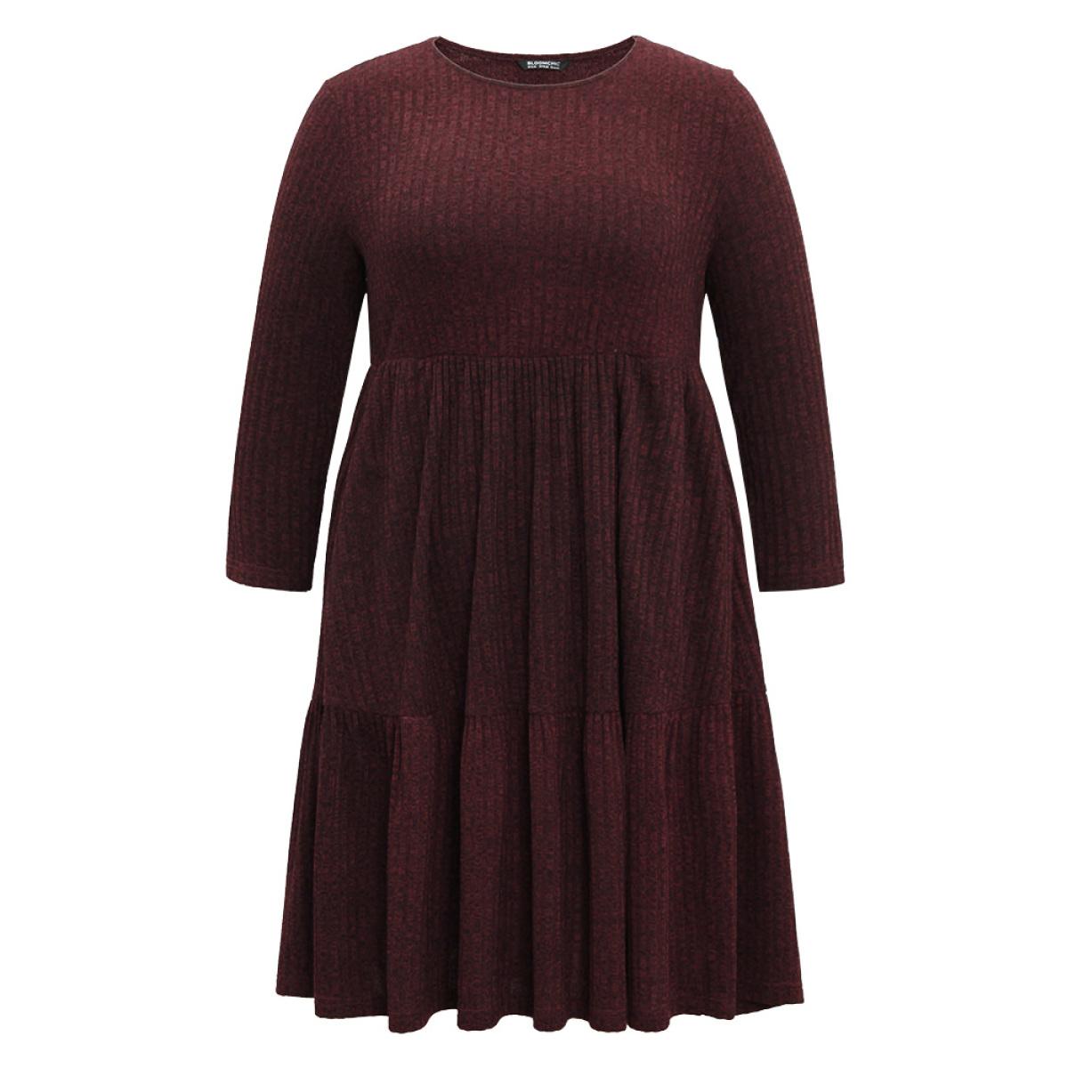 Plus Size Rib Knit Round Neck Ruffle Layered Hem Dress Raspberry Women Casual Texture Round Neck Long Sleeve Curvy Knee Dress BloomChic 10/M Product Image