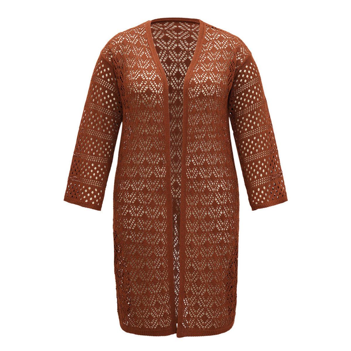 Plus Size Plain Hollow Out Split Side Maxi Cardigan Maroon Women Casual Loose Long Sleeve Dailywear Cardigans BloomChic 10/M Product Image