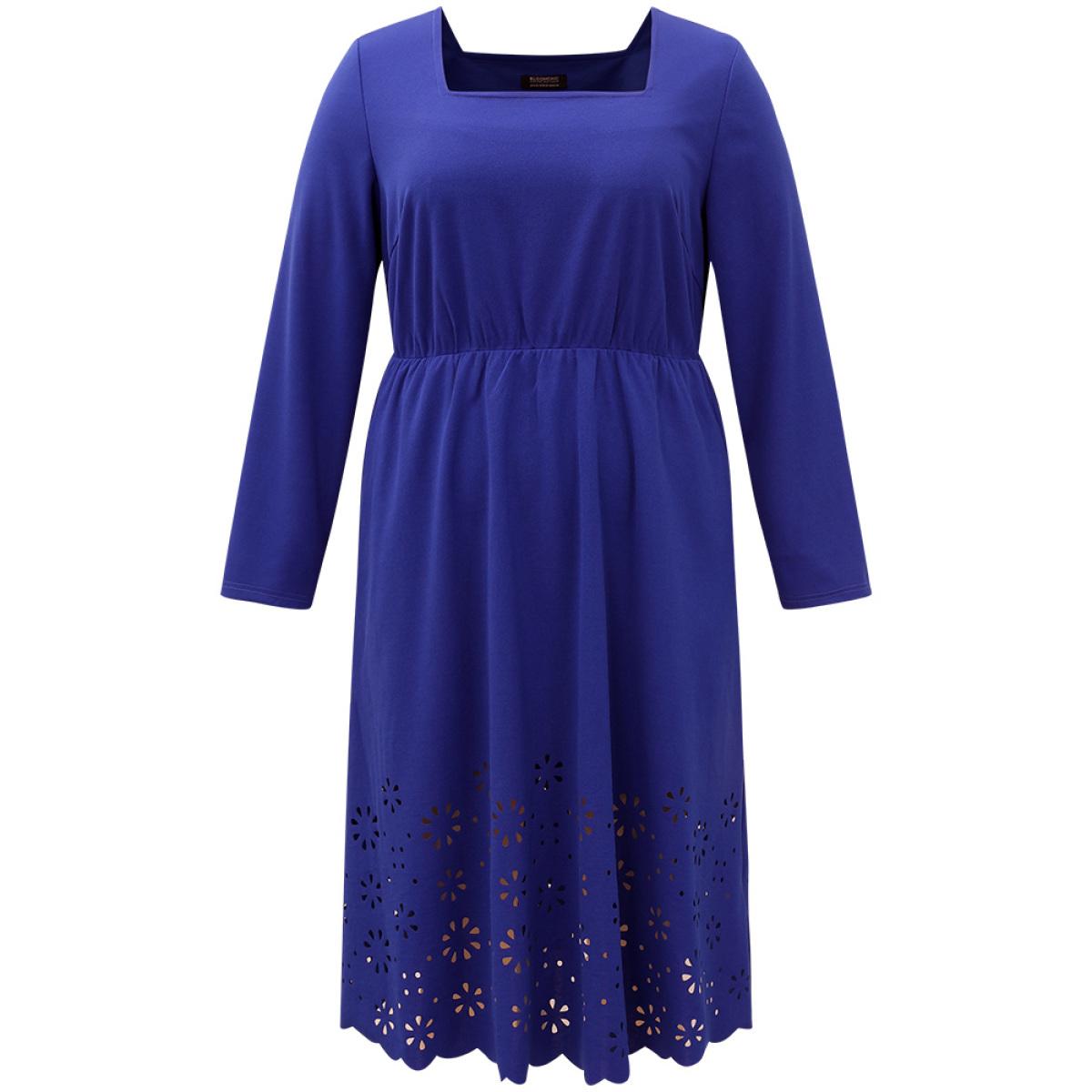 Plus Size Plain Laser Cut Gathered Square Neck Dress DarkBlue Women Elegant Plain Square Neck Long Sleeve Curvy Midi Dress BloomChic 22-24/3X Product Image