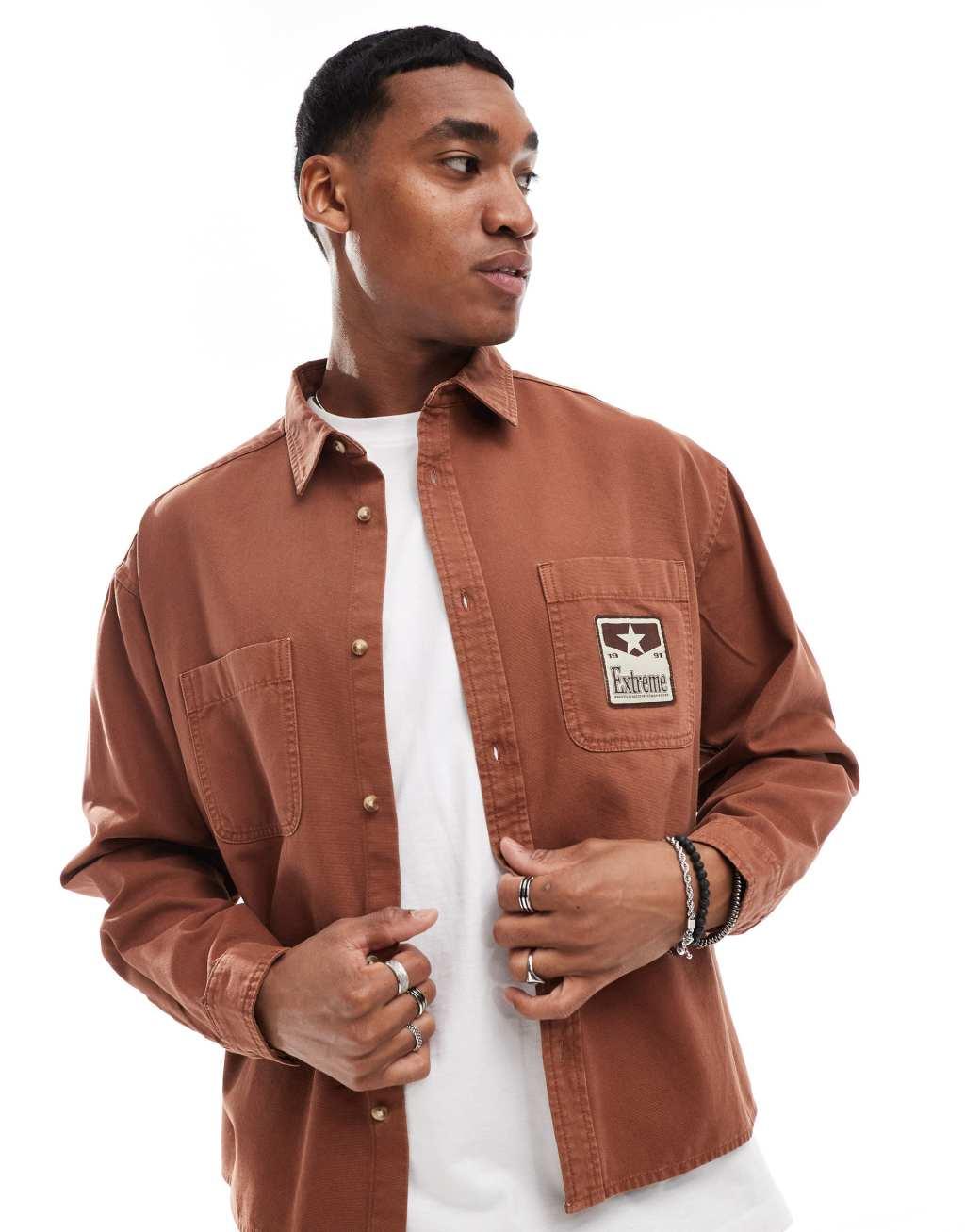 ASOS DESIGN boxy oversized shirt with placement badge in rust  Product Image