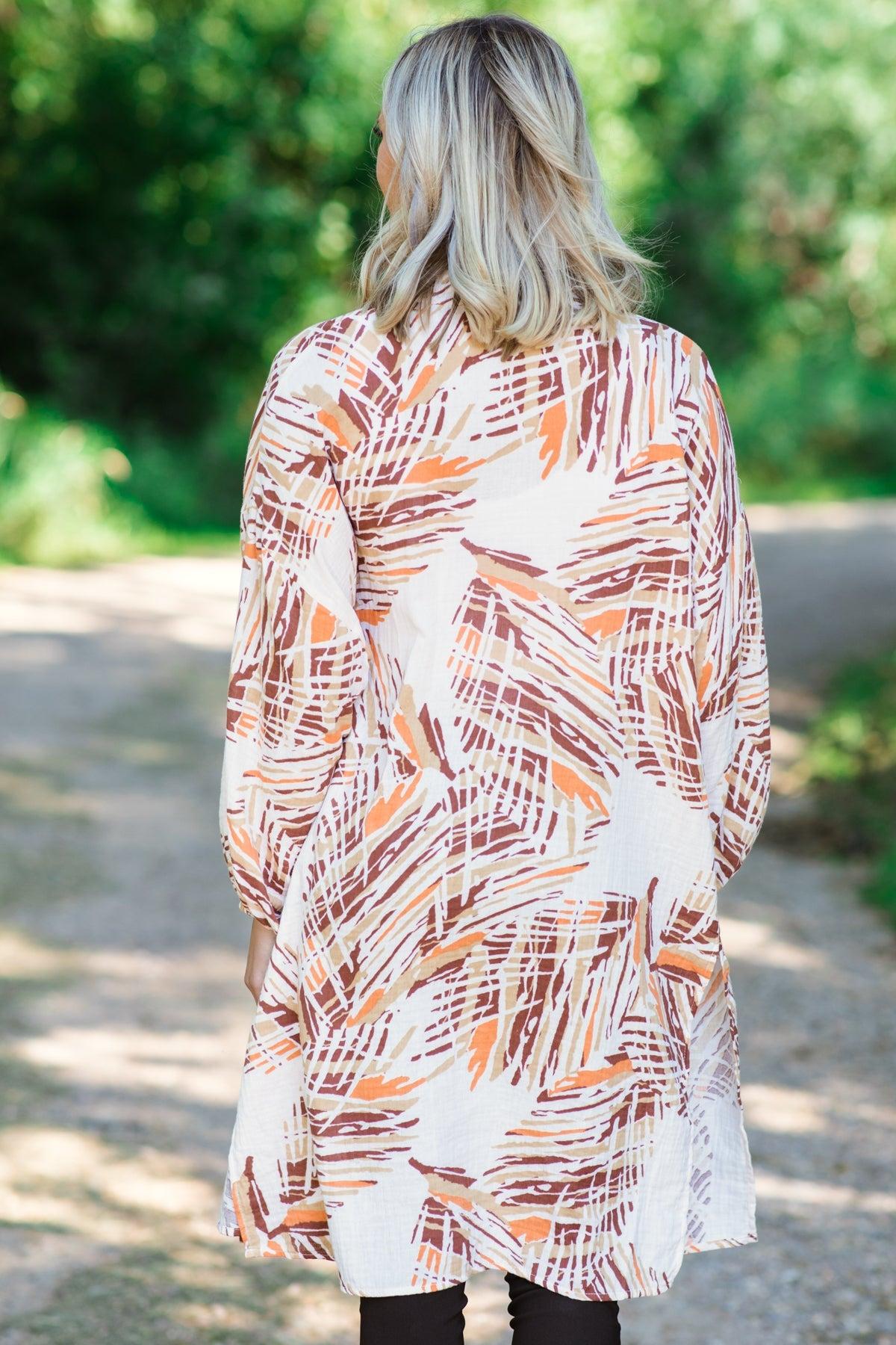 Ivory and Brown Palm Print Mid Length Cardigan Product Image