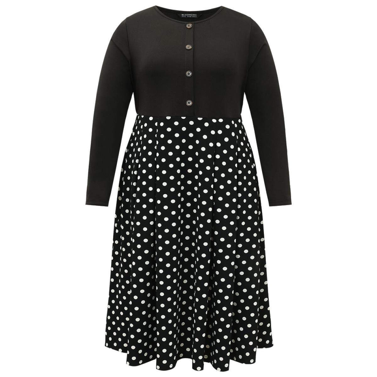 Plus Size Polka Dot Pocket Button Up Patchwork Dress Black Women Office Contrast Round Neck Long Sleeve Curvy Midi Dress BloomChic 12/L Product Image