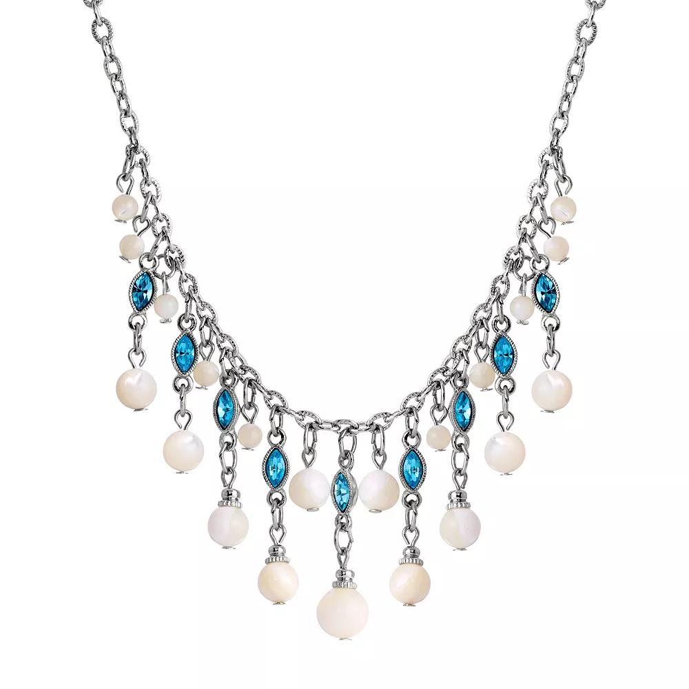1928 Silver Tone Aqua and Simulated Oval Pearl Necklace, Womens, White Product Image