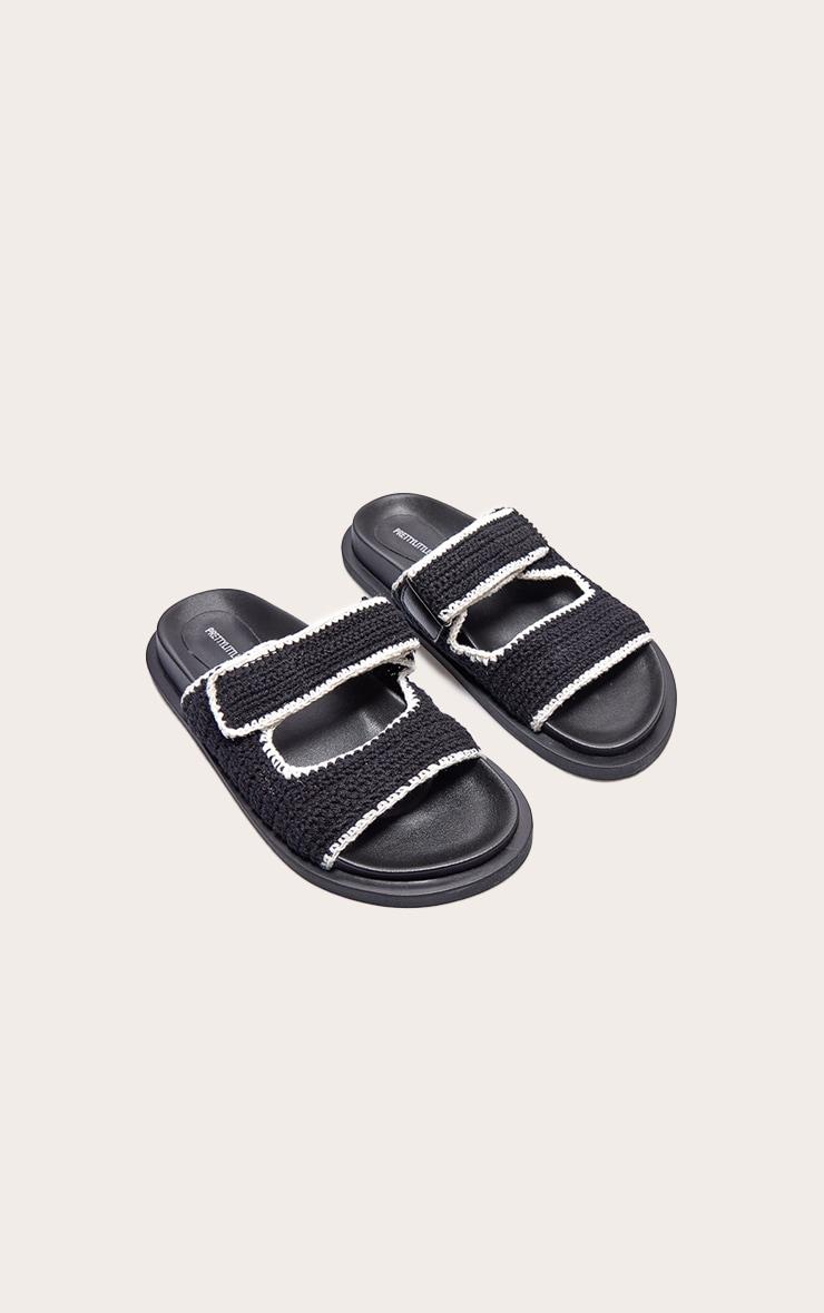 Black Contrast Round Toe Crochet Velcro Strap Flat Footbed Sandals Product Image