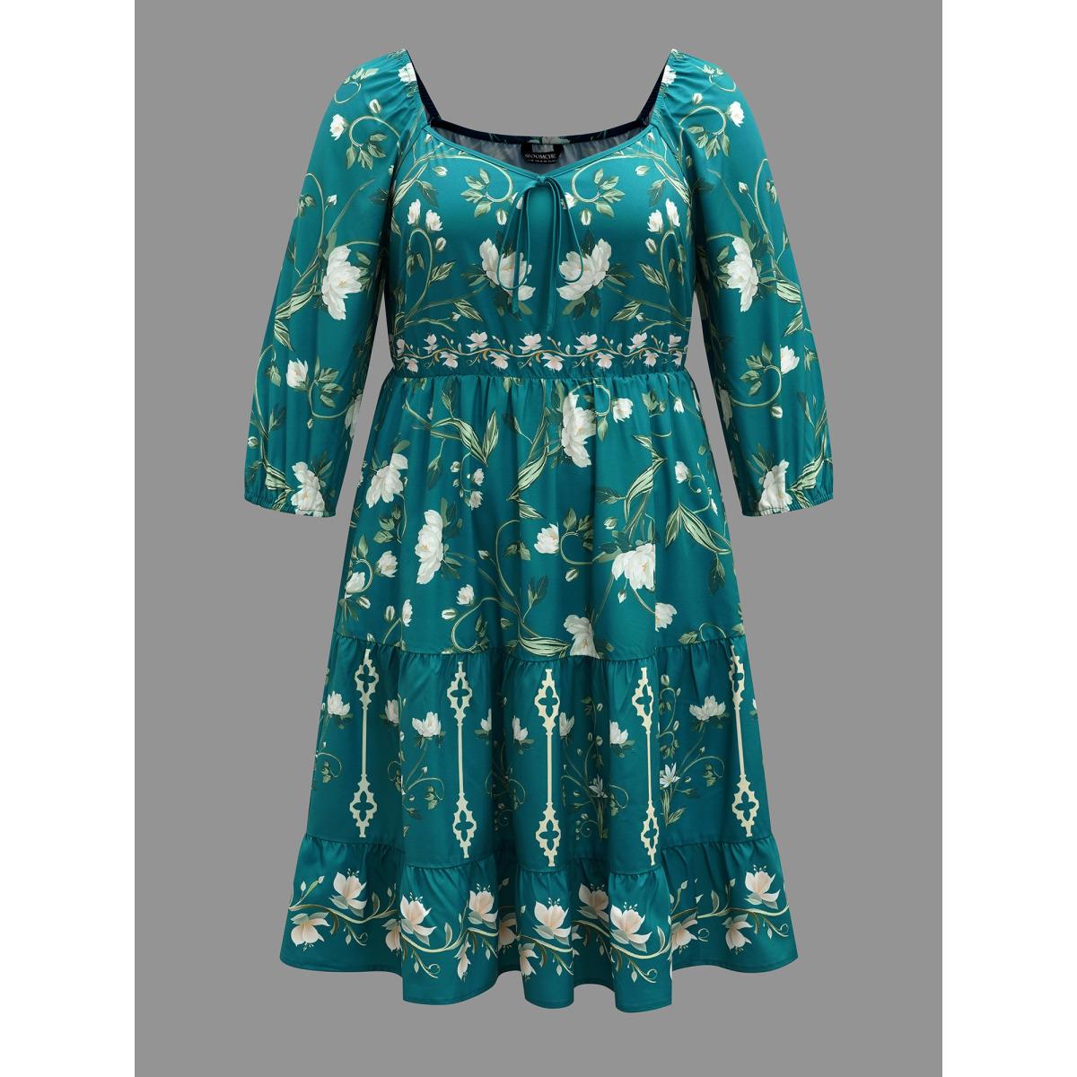 Plus Size Floral Print Lantern Sleeve Tiered Midi Dress Emerald Women Elegant Tie knot Heart neckline Elbow-length sleeve Curvy BloomChic 30/6X Product Image