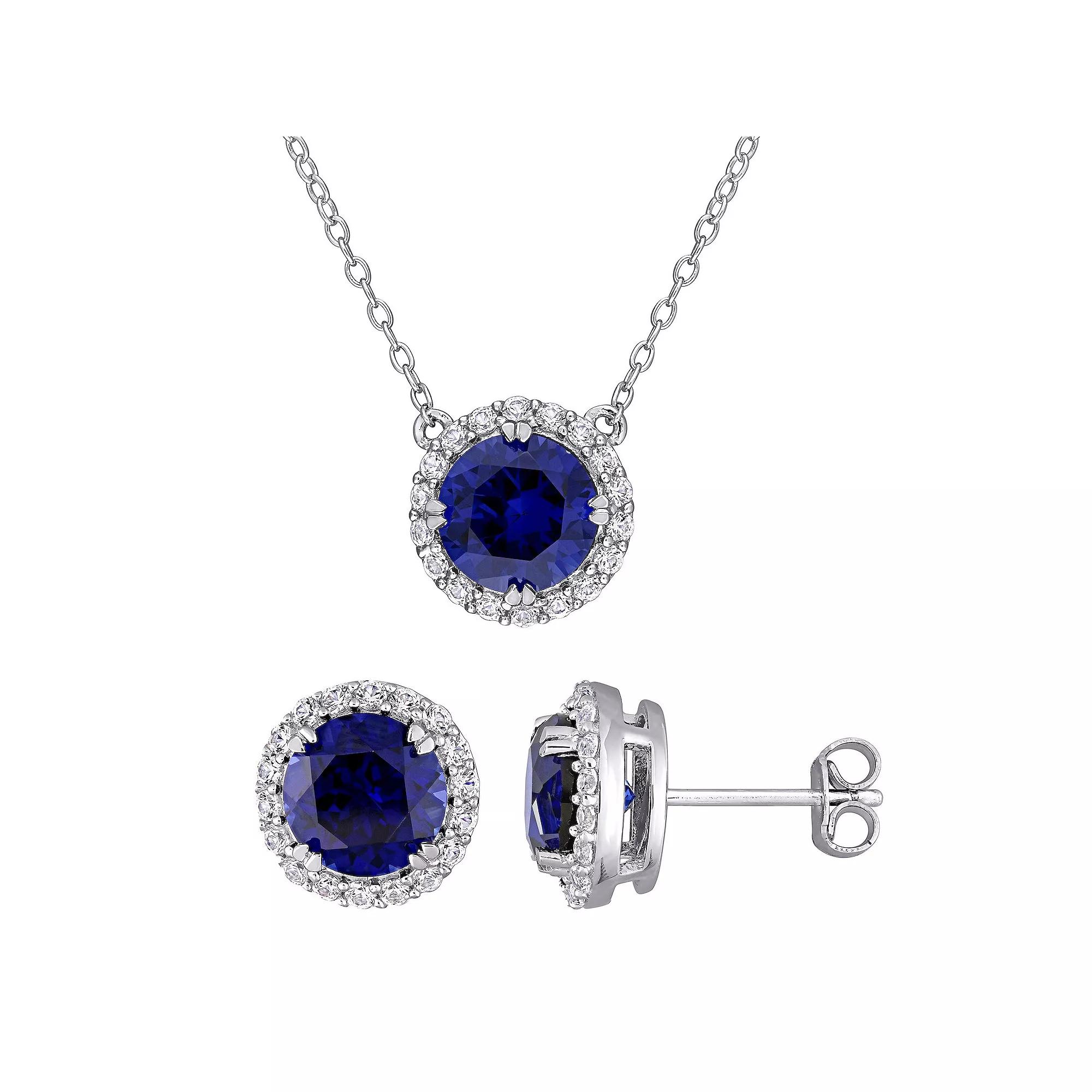 Stella Grace Sterling Silver Lab-Created Blue & White Sapphire Halo Earring & Pendant Necklace Set, Womens Product Image