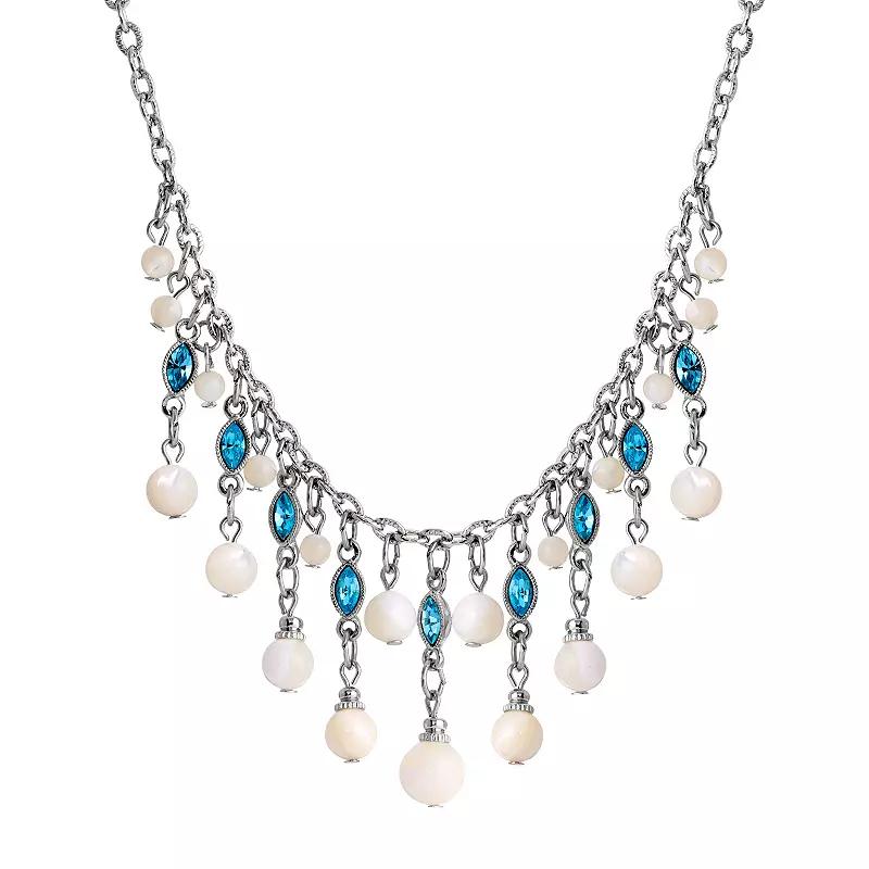 1928 Silver Tone Aqua and Simulated Oval Pearl Necklace, Womens, White Product Image