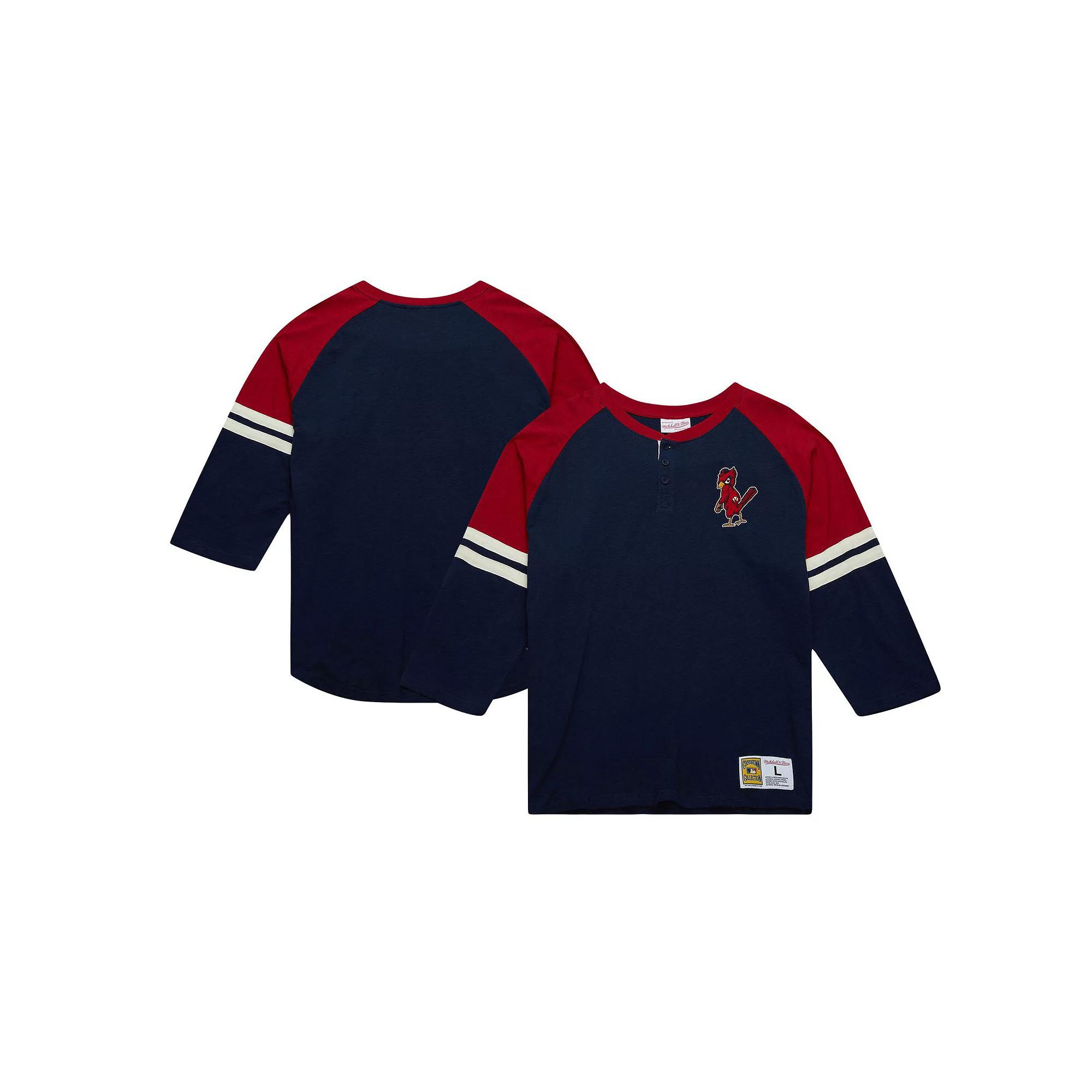 Men's Mitchell & Ness Navy St. Louis Cardinals Cooperstown Collection Legendary Raglan Slub Henley Three-Quarter Sleeve T-Shirt, Size: XL, Blue Product Image