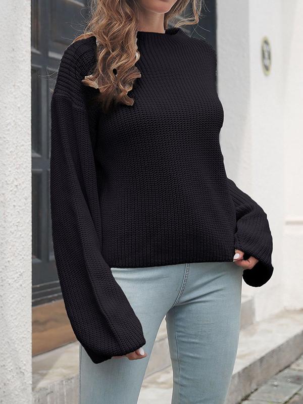 Long Sleeves Loose Hollow Solid Color Split-Joint Round-Neck Sweater Product Image