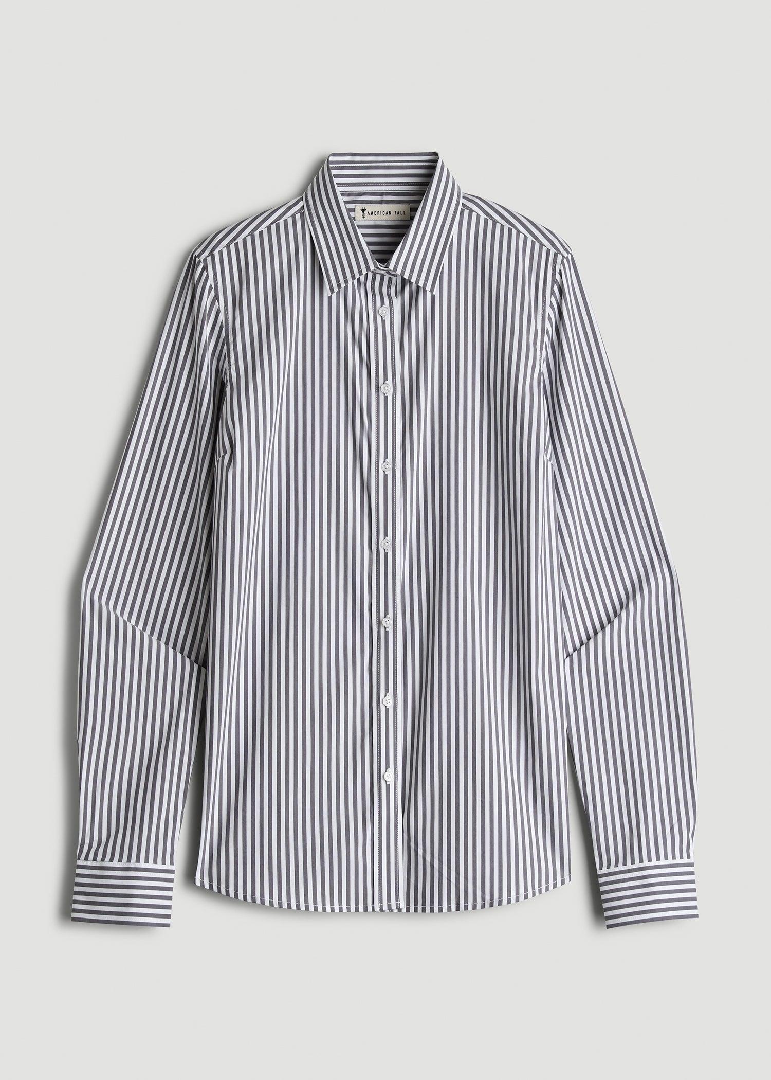 Slim Fit Button-Up Shirt for Tall Women in Grey and White Stripe Female Product Image