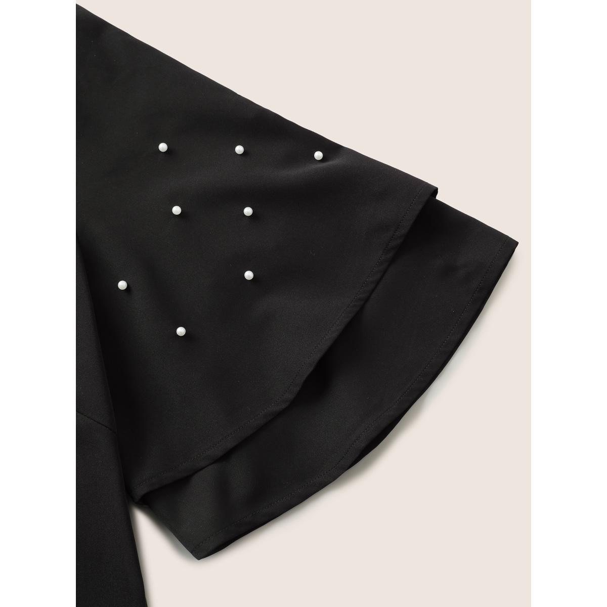 Plus Size Black Solid Pearl Beaded Ruffle Layered Sleeve Blouse Women Elegant Short sleeve V-neck Everyday Blouses BloomChic 12/L Product Image