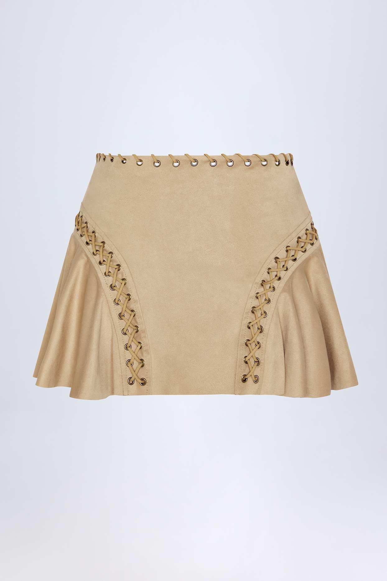 Lace-Up Mid-Rise Mini Skirt in Tan Product Image