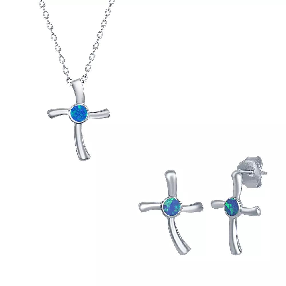 Sterling Silver Lab-Created Opal Cross Pendant Necklace & Earrings Set, Women's, Size: 18", Blue Product Image
