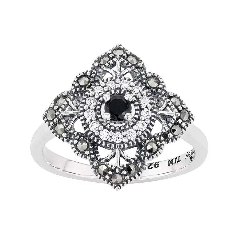 Lavish by TJM Sterling Silver Black Spinel & Marcasite & White Cubic Zirconia Accent Filigree Ring, Women's, Size: 7 Product Image