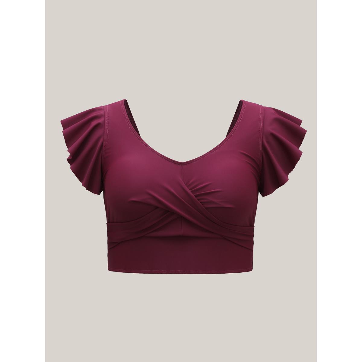 Plus Size Twist-Front Flutter Sleeve Swim Top Women's Swimwear Plum Resort High stretch Skinny V-neck Curve Swim Tops BloomChic 10/M Product Image