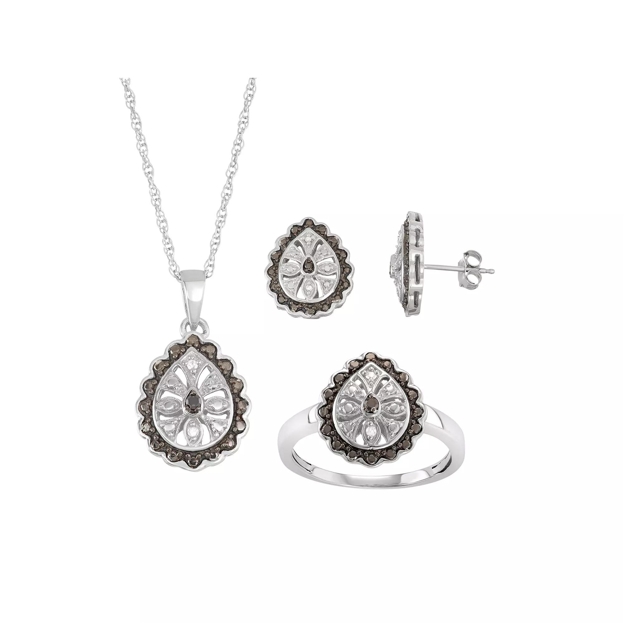 Jewelexcess Sterling Silver 1/10 Carat T.W. Black & White Diamond Flower Teardrop Jewelry Set, Women's, Size: 6 Product Image