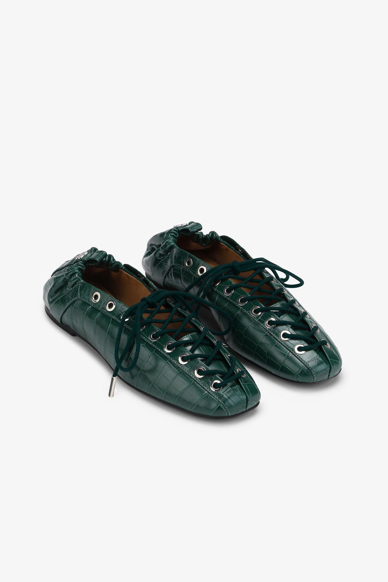 Green Croc-Embossed Lace-Up Flats Product Image