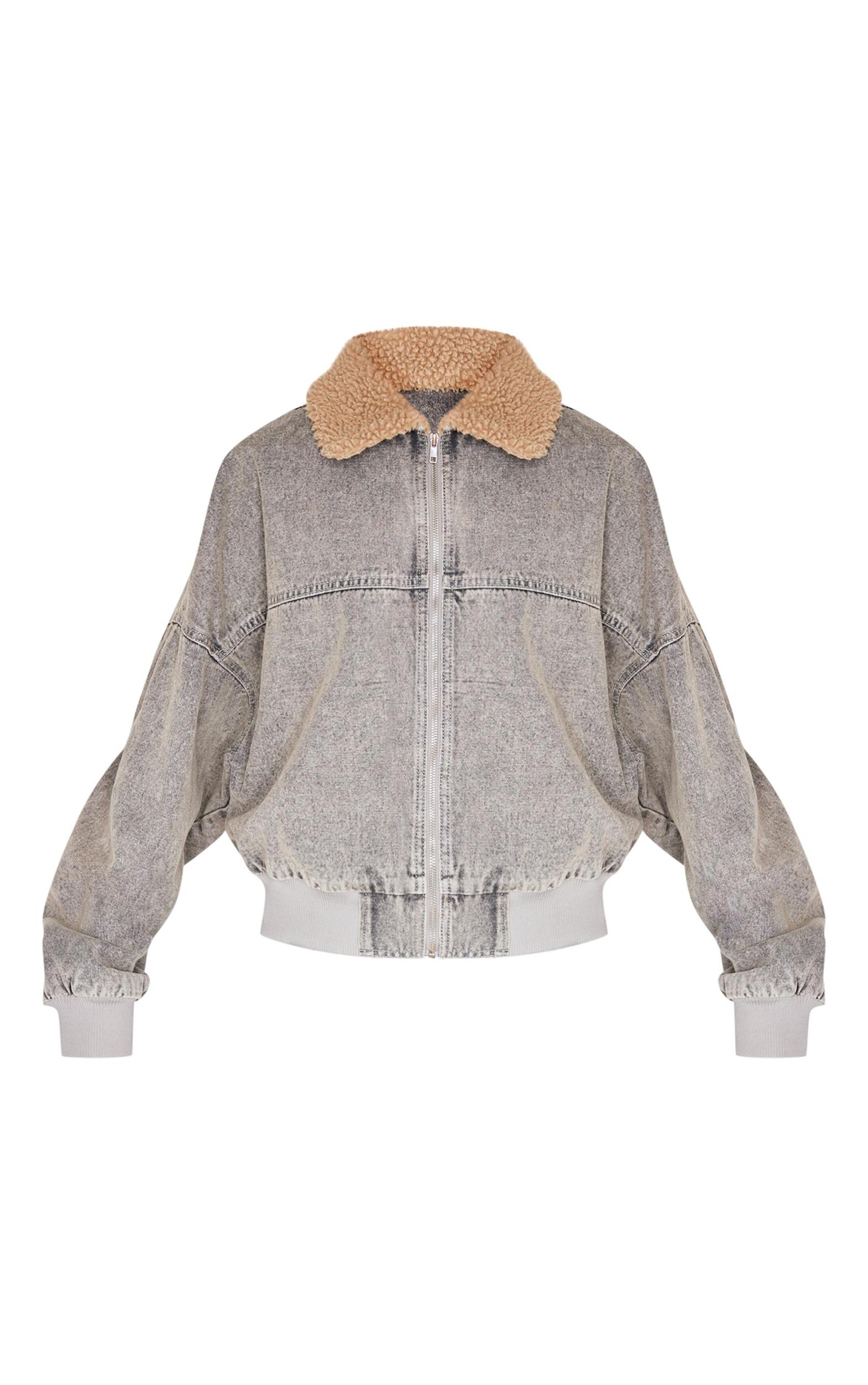 Light Grey Borg Collar Denim Bomber Jacket Product Image