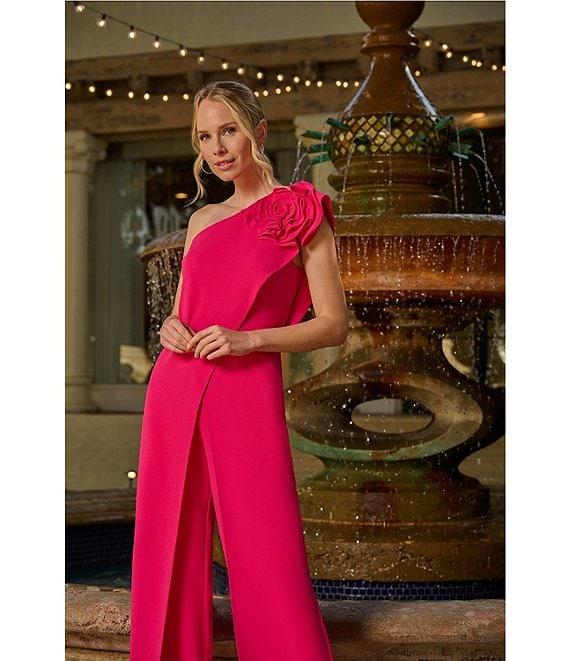Adrianna Papell One Shoulder 3D Flower Applique Asymmetrical Walk Thru Crepe Jumpsuit Product Image