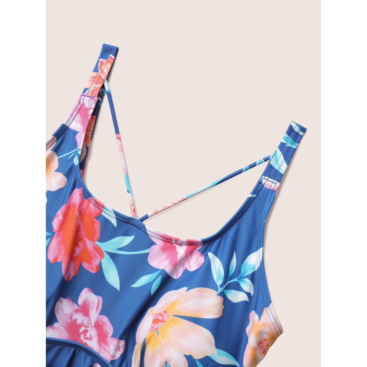 Plus Size Floral Ruffle Hem Adjustable Straps One Piece Swimsuit Women's Swimwear Cerulean Beach Non Curve Bathing Suits High stretch One Pieces BloomChic 10/M Product Image