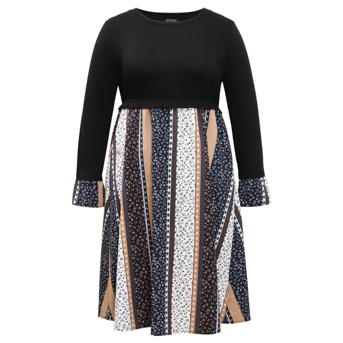 Plus Size Geometric Colorblock Patchwork Midi Dress Black Women Elegant Printed Round Neck Long Sleeve Curvy Midi Dress BloomChic 10/M Product Image