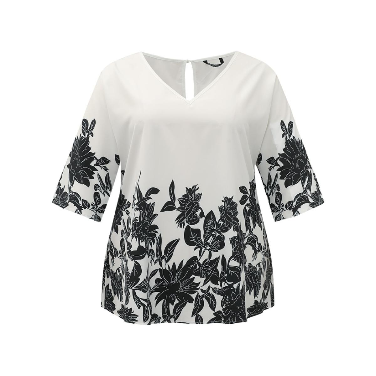 Plus Size White Boho Print V Neck Cut Out Blouse Women Elegant Elbow-length sleeve V-neck Dailywear Blouses BloomChic 22-24/3X Product Image