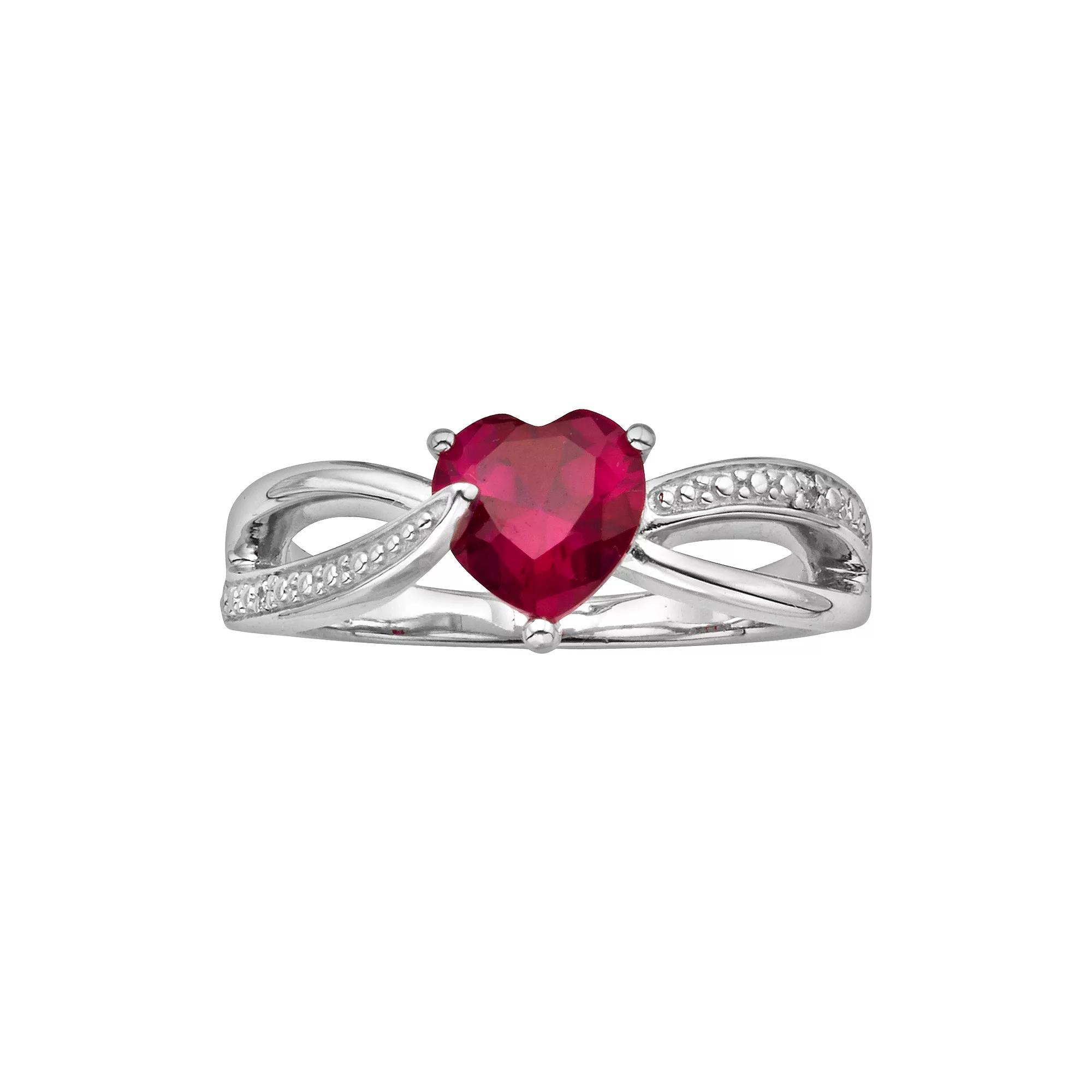 Sterling Silver Lab-Created Ruby and Diamond Accent Heart Bypass Ring, Women's, Size: 6, Red Product Image