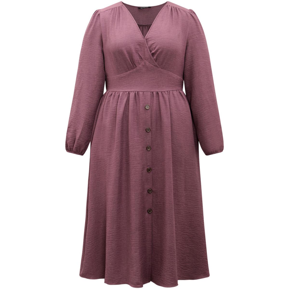 Plus Size Twill Gathered Button Detail Lantern Sleeve Dress DustyPink Women Casual Elastic cuffs V-neck Long Sleeve Curvy Midi Dress BloomChic 10/M Product Image