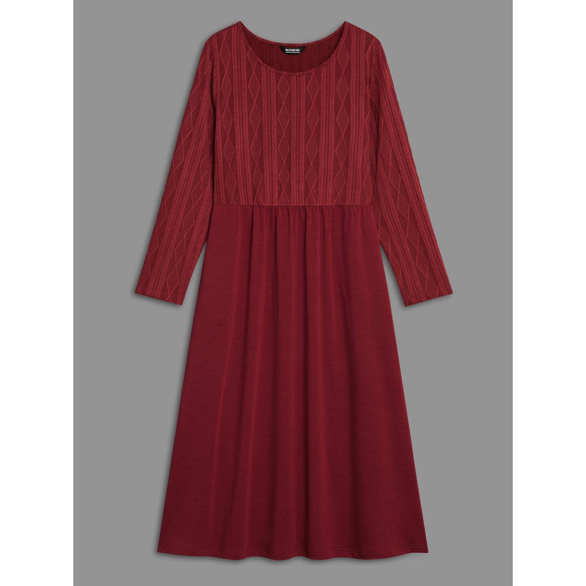 Plus Size Cable Knit Round Neck Elastic Waist Midi Dress Burgundy Women Casual Texture Knit Dresses Bloomchic 10/M Product Image