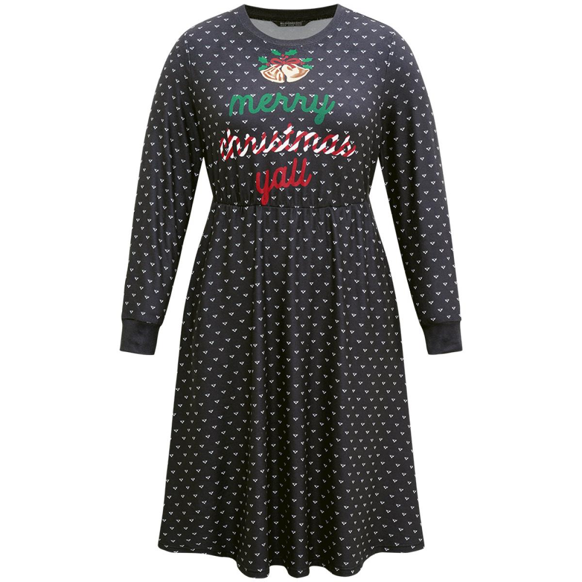 Plus Size Christmas Letter Print Pocket Elastic Waist Dress Black Women Casual Printed Round Neck Long Sleeve Curvy Midi Dress BloomChic 28/5X Product Image