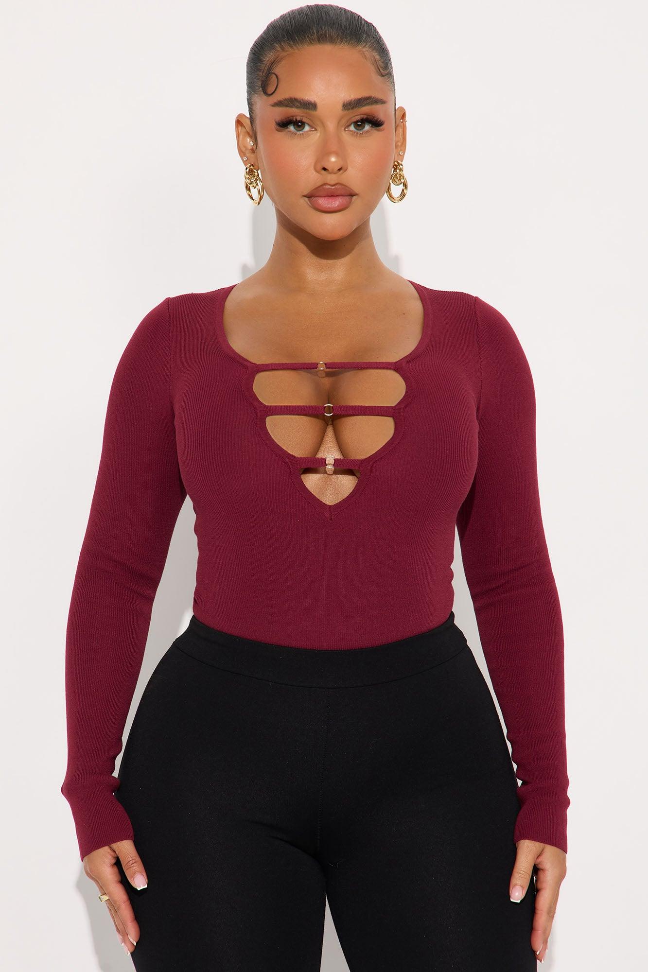 Jessi Cut Out Sweater Bodysuit - Burgundy Female Product Image