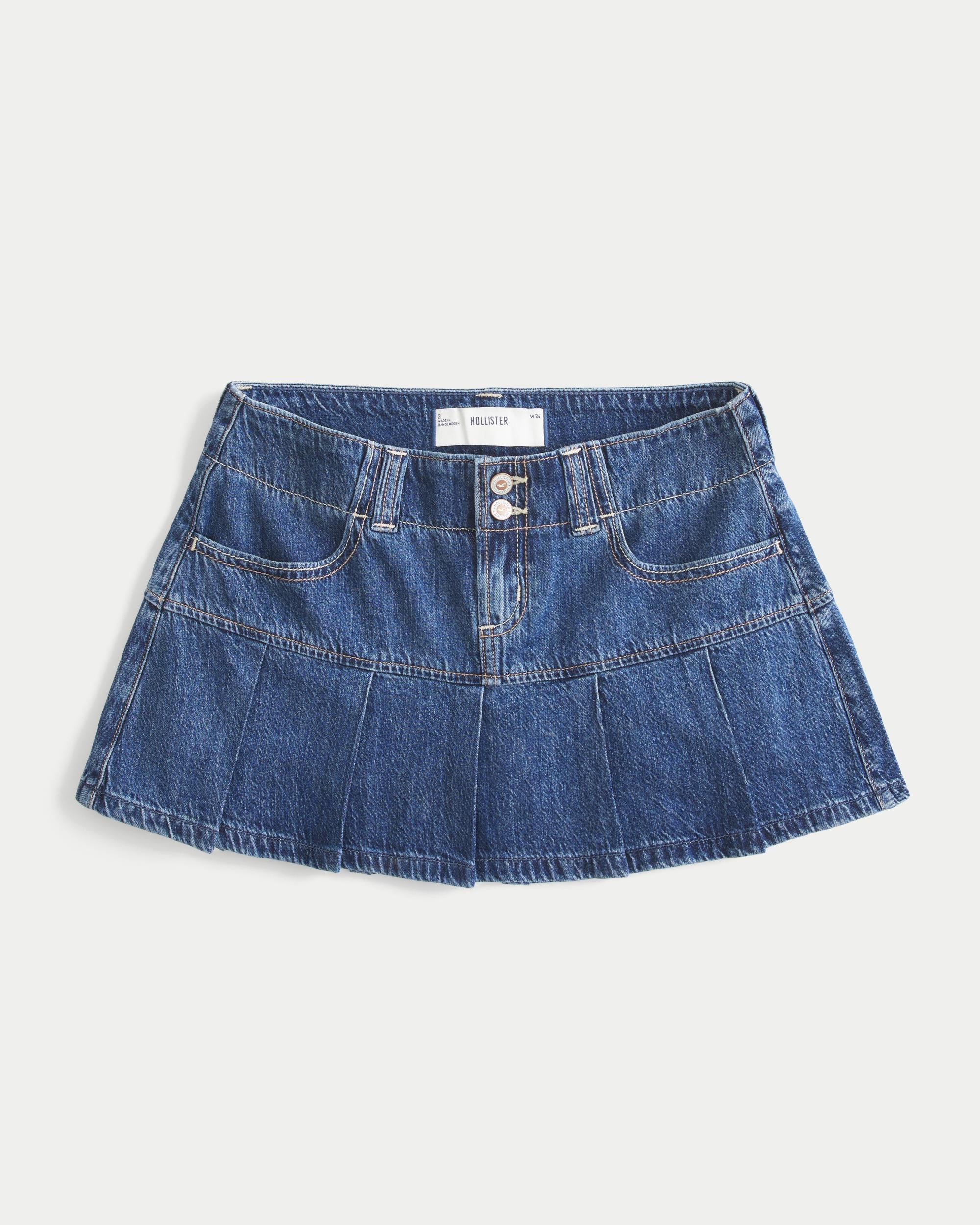 Low-Rise Dark Wash Pleated Denim Mini Skort Product Image