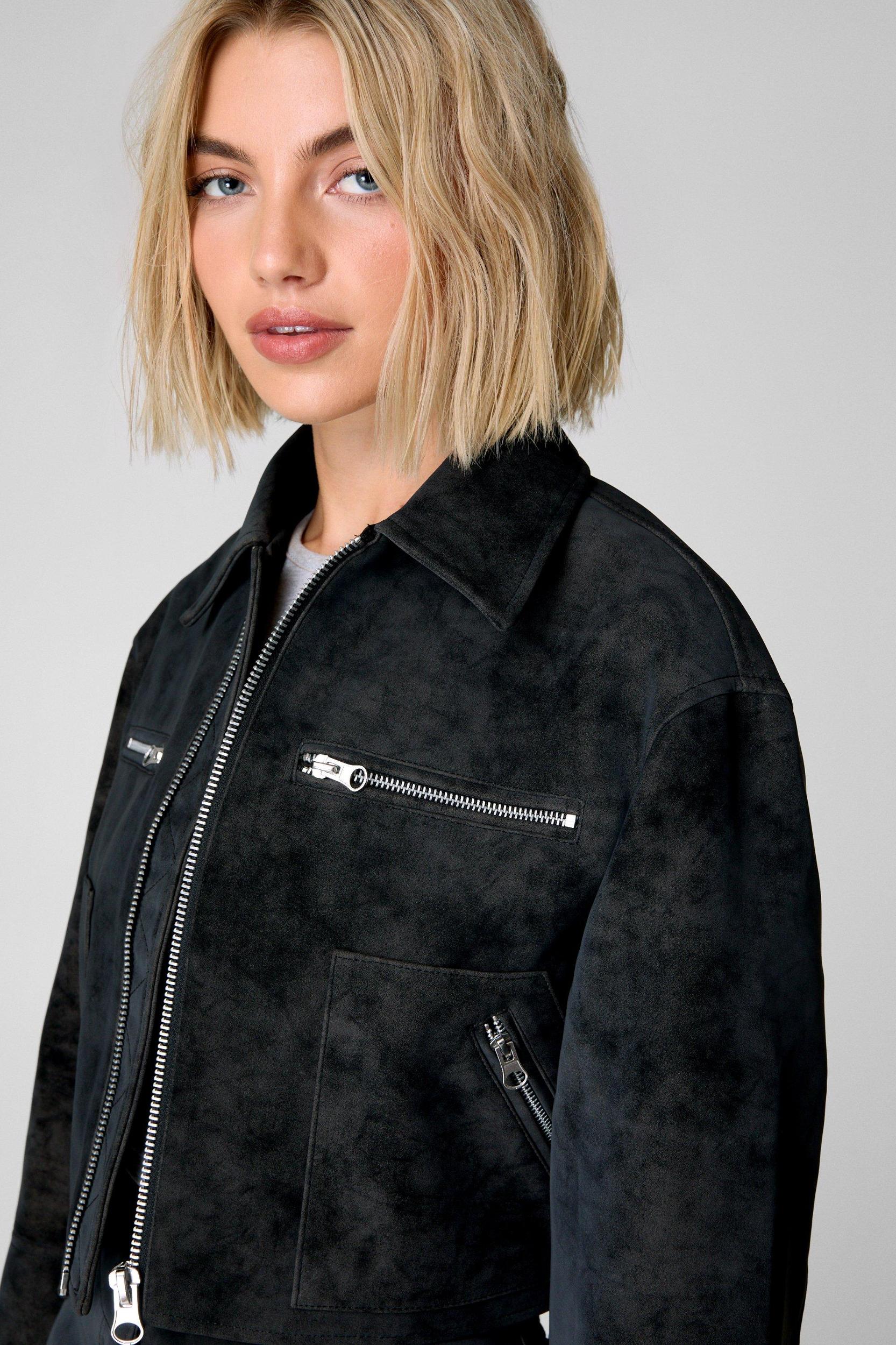 Distressed Faux Leather Trucker Jacket Product Image