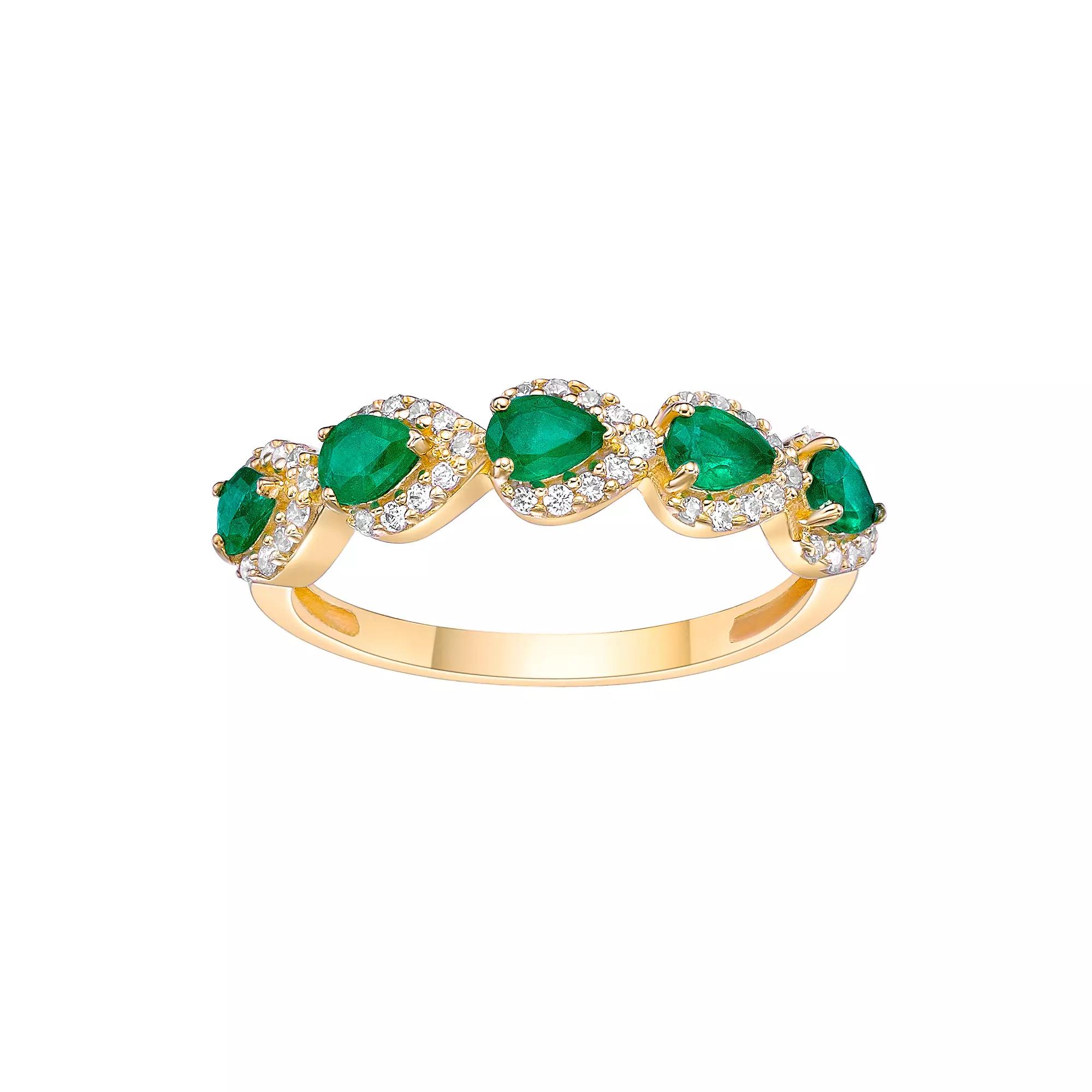 Gemminded 10k Gold Emerald & 1/5 Carat T.W. Diamond Teardrop Stone Band Ring, Women's, Size: 8 Product Image