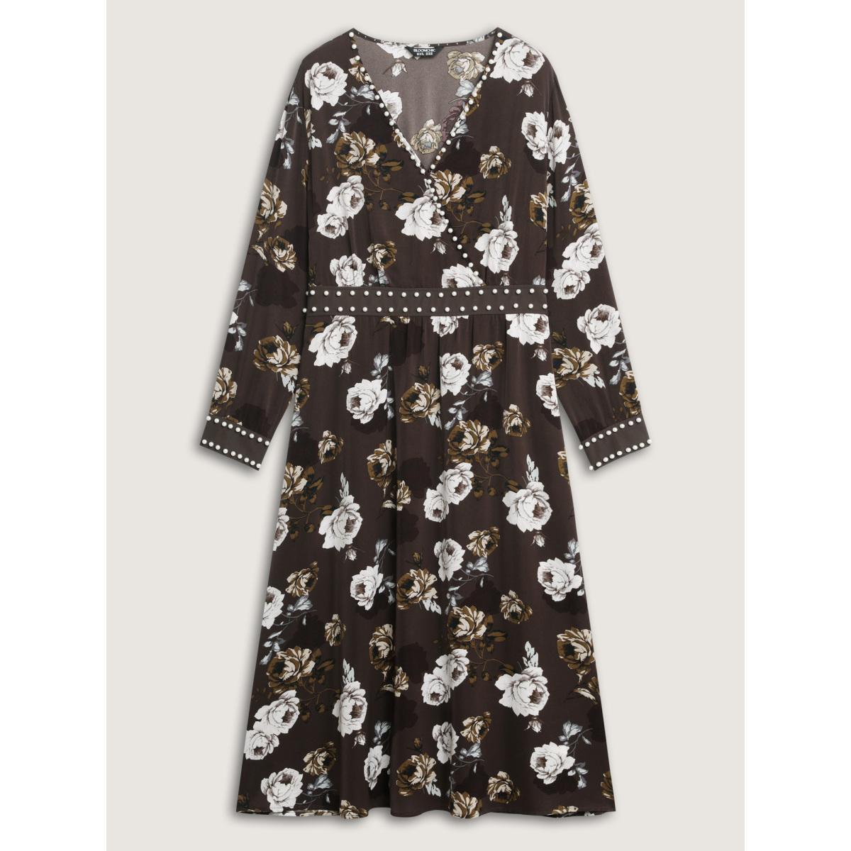 Plus Size Rosy Print Pearl Detail Cinched-Waist Midi Dress DarkBrown Women Timeless Overlapping Overlap Collar Long Sleeve Curvy BloomChic 28/5X Product Image