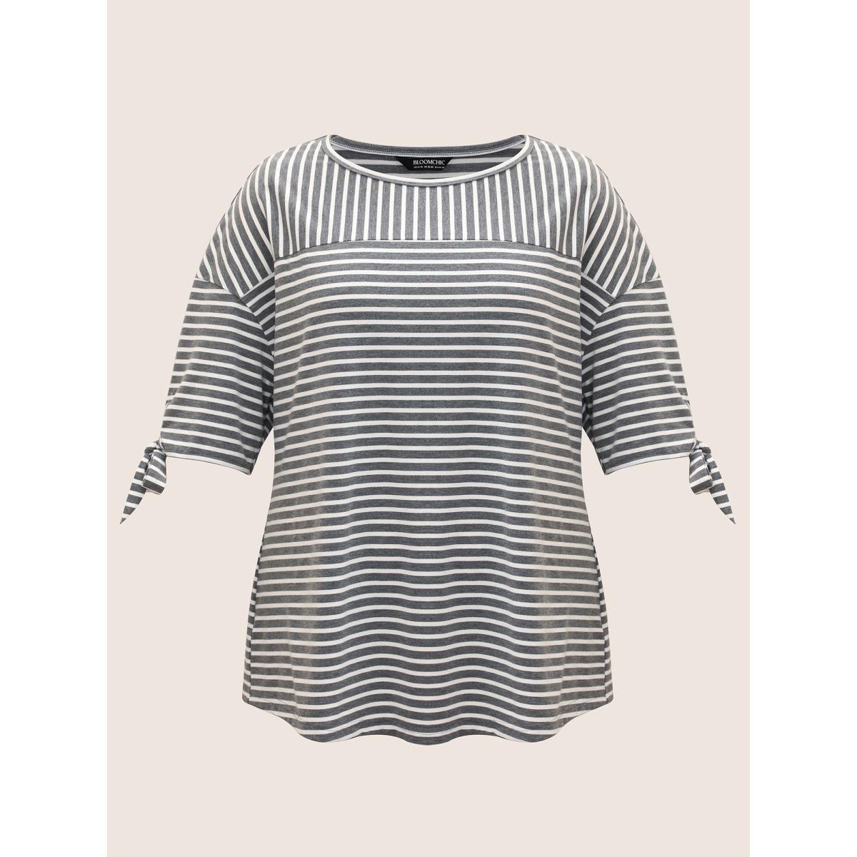 Plus Size Striped Boat Neck Tie Knot T-shirt DimGray Women Leisure Tie knot Boat Neck Casual T-shirts BloomChic 14-16/1X Product Image