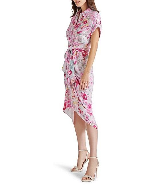 Steve Madden Tori Floral Print Button Down Collar Neck Short Sleeve Satin Midi Dress Product Image