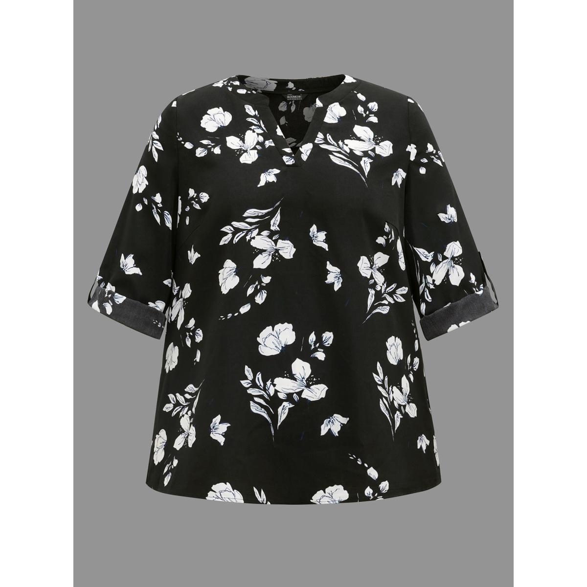 Plus Size Black Silhouette Floral Print Tab Sleeve Slit Hem Blouse Women Elegant Elbow-length sleeve Notched collar Everyday Blouses BloomChic 12/L Product Image