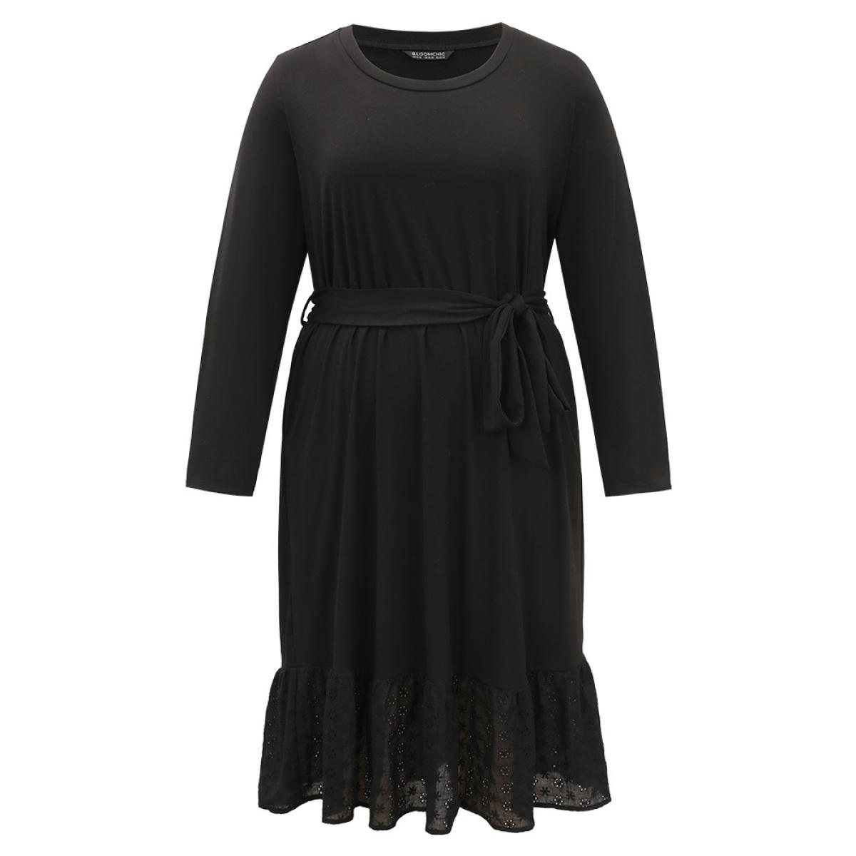 Plus Size Broderie Anglaise Round Neck Belted Flutter Hem Dress Black Women Casual Plain Round Neck Long Sleeve Curvy Midi Dress BloomChic 22-24/3X Product Image