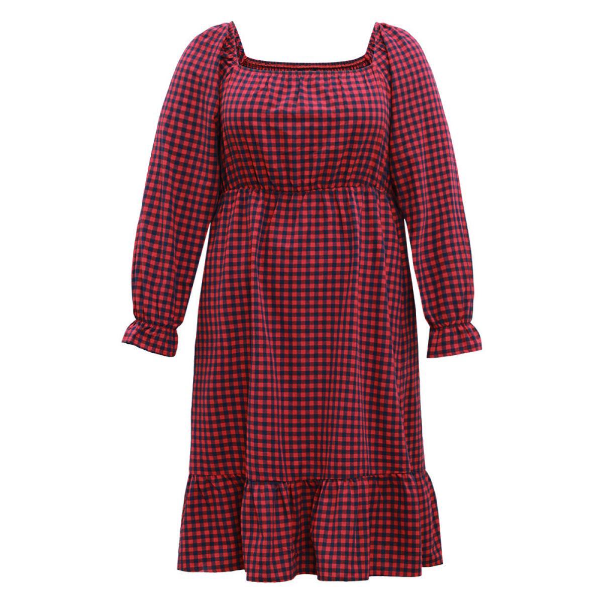 Plus Size Gingham Square Neck Shirred Gathered Ruffles Dress Scarlet Women Casual Gathered Square Neck Long Sleeve Curvy Midi Dress BloomChic 22-24/3X Product Image