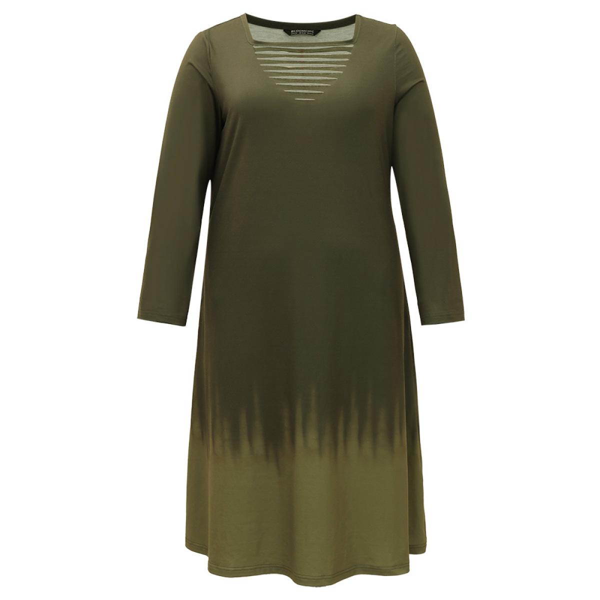 Plus Size Tie Dye Pocket Round Neck Cut Out Dress ArmyGreen Women Casual Tie Dye Round Neck Long Sleeve Curvy Midi Dress BloomChic 14-16/1X Product Image