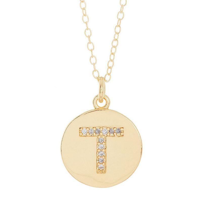 Adornia 14k Gold Plated Cubic Zirconia Engraved Letter Disc Pendant Necklace, Womens Gold Tone N Product Image