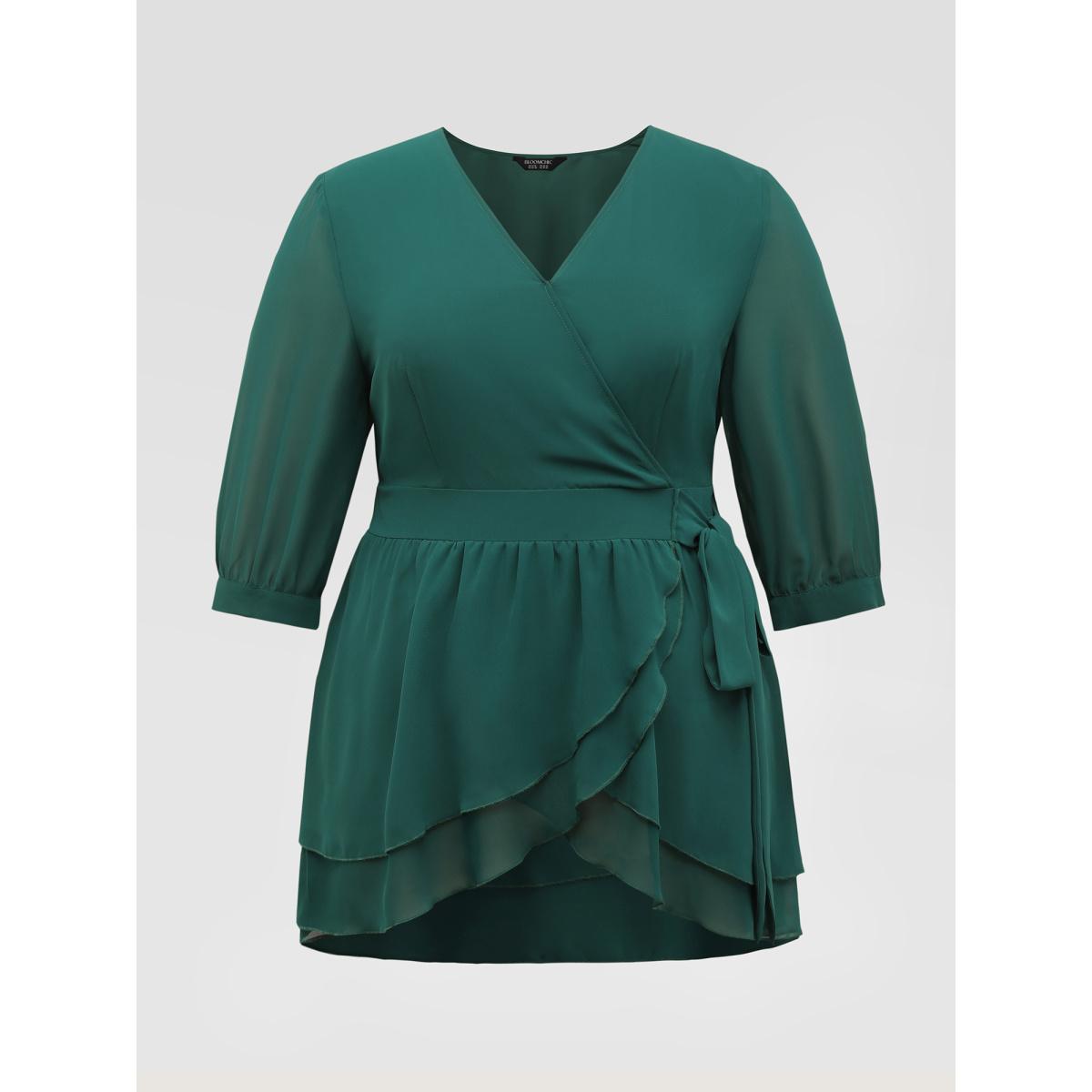 Plus Size Teal Layered Ruffled Hem Side-Tie Blouse Women Timeless Elbow-length sleeve Overlap Collar Elegant Blouses BloomChic 22-24/3X Product Image